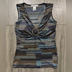 Vintage Y2K Charlotte Russe Metallic Ruched V- Neck Top Pearl Ring Geometric .